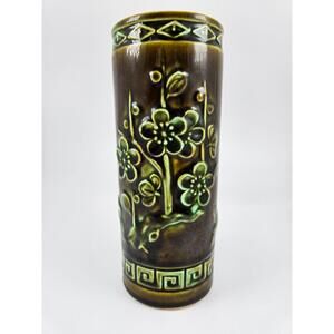 Vintage Green Tilso Japan Vase Embossed Floral Motifs Hand-Painted  7In Tall